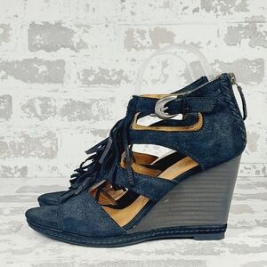 NEW Trask Felicity Fringe Black Suede Wedge Summer Sandals D647